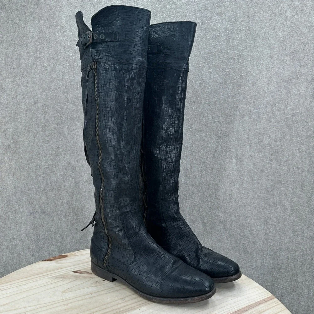 UGG Nicoletta Tall Boots Womens 10 Black Leather Over The Knee Flat Weave
